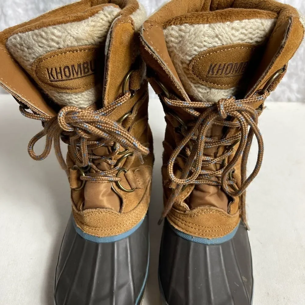 KHOMBU  Cozy brown leather suede,navy blue rubber & beige knit lace up boots SZ7